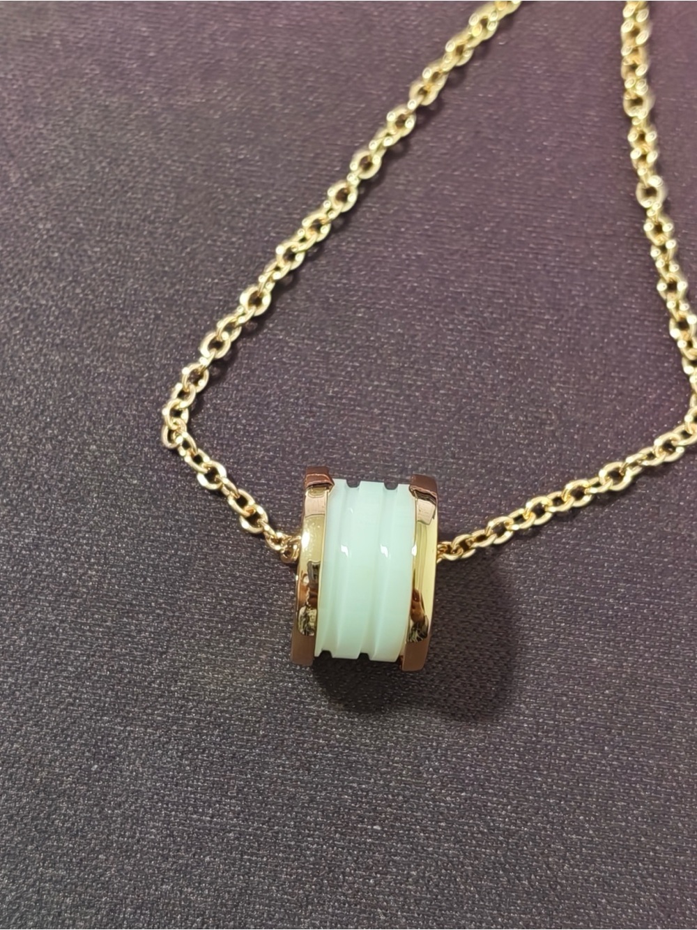 Bulgari Gold-Tone Necklace with Mint Green Ceramic Pendant - Picture 4 of 9